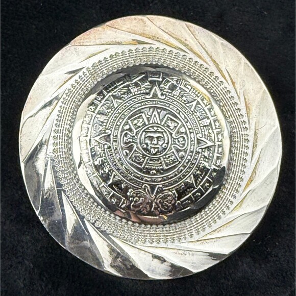 Handmade Jewelry - Sterling Silver Round Aztec Mayan Calendar Pin Brooch Pendant Signed Mexico 925